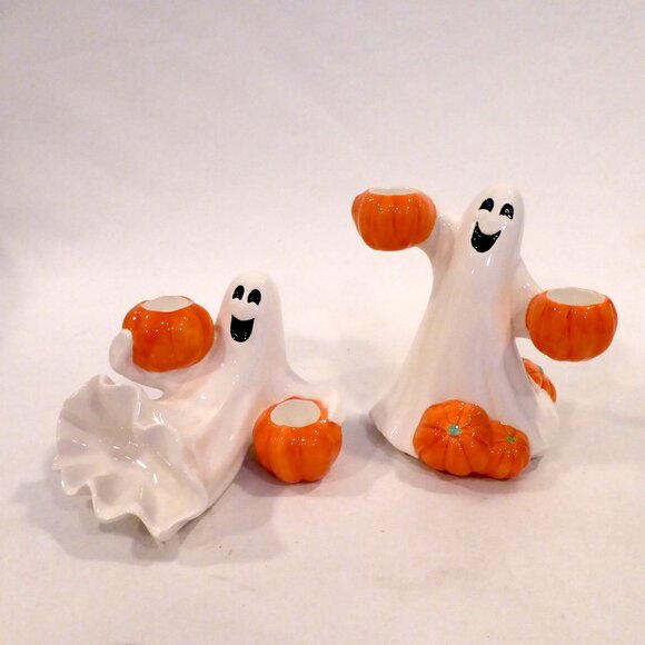 NEW 2004 FITZ & FLOYD HALLOWEEN CERAMIC SMILING GHOST TAPER CANDLE HOLDER SET - Picture 5 of 13